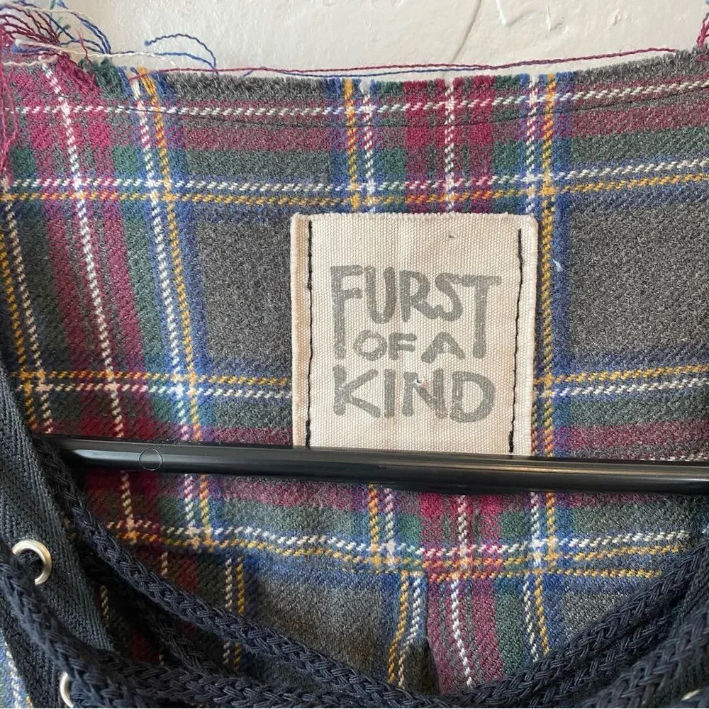 Furst of A Kind Upcycled Oversized Plaid Lace Up Button Front Flannel Shirt